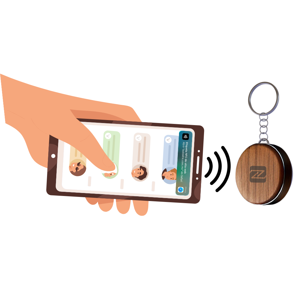 Ilustración de celular escanenado un brazalete en la muñeca de una persona por medio de NFC
